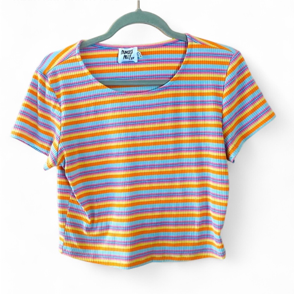 PRINCESS POLLY MULTI-COLORED STRIPED SHORT SLEEVE CROP TOP STRETCH SIZE 12